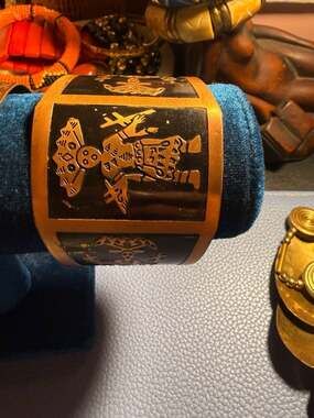Vintage Peruvian Etched Copper Tumi Deity Wide Cuff Bracelet